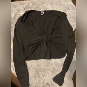 Long sleeve tie front black crop top, small, WINDSOR
